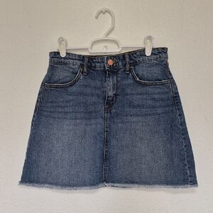 Blue Denim A-Line Skirt with Pockets &  Frayed Hem